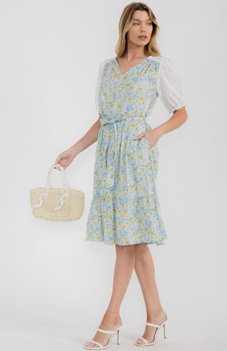 WOMEN'S SHORT PUFF SLEEVE V-NECK SELF TIE FLORAL MIDI DRESS
