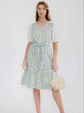 WOMEN'S SHORT PUFF SLEEVE V-NECK SELF TIE FLORAL MIDI DRESS