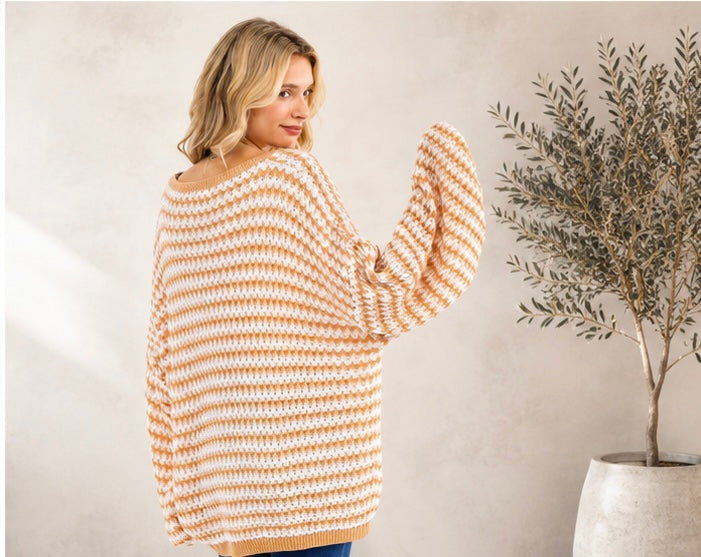 WOMEN'S LONG SLEEVE V-NECK OVERSIZED PULLOVER SWEATER. Color-mustard