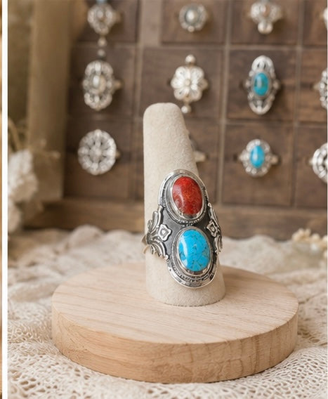 Turquoise and Coral sterling silver ring