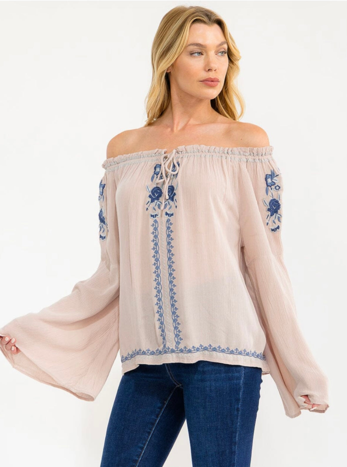 WOMEN'S LONG BELL SLEEVE EMBROIDERY DETAILED TUNIC BLOUSE color Mauve