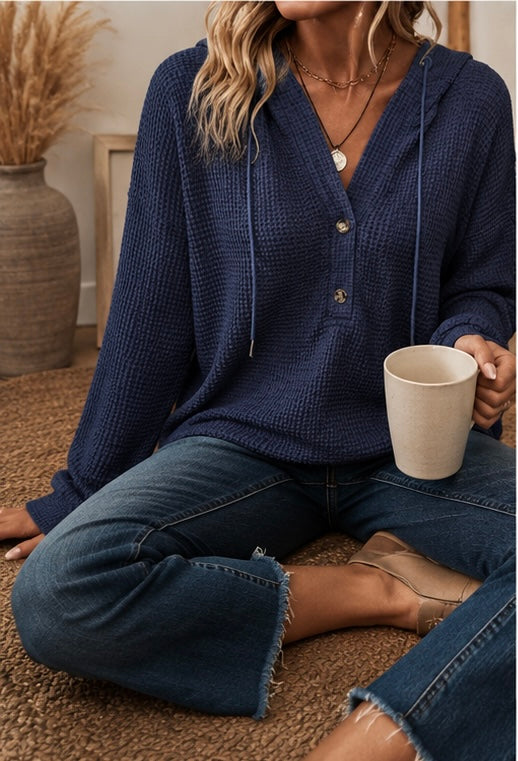 Waffle Drawstring Button V-Neck Hoodie Long Sleeve