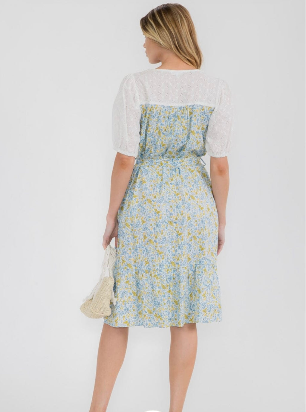 WOMEN'S SHORT PUFF SLEEVE V-NECK SELF TIE FLORAL MIDI DRESS