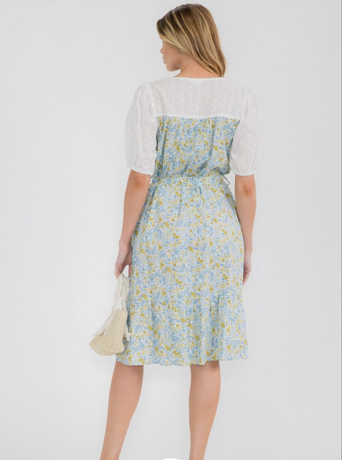 WOMEN'S SHORT PUFF SLEEVE V-NECK SELF TIE FLORAL MIDI DRESS