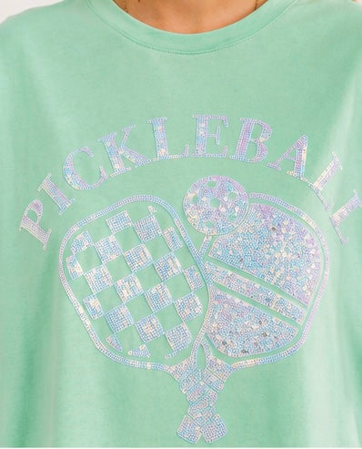 WOMEN'S SHORT SLEEVE SEQUINS GRAPHIC OVERSIZED T-SHIRt. Color-mint