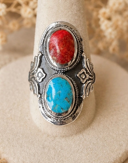 Turquoise and Coral sterling silver ring