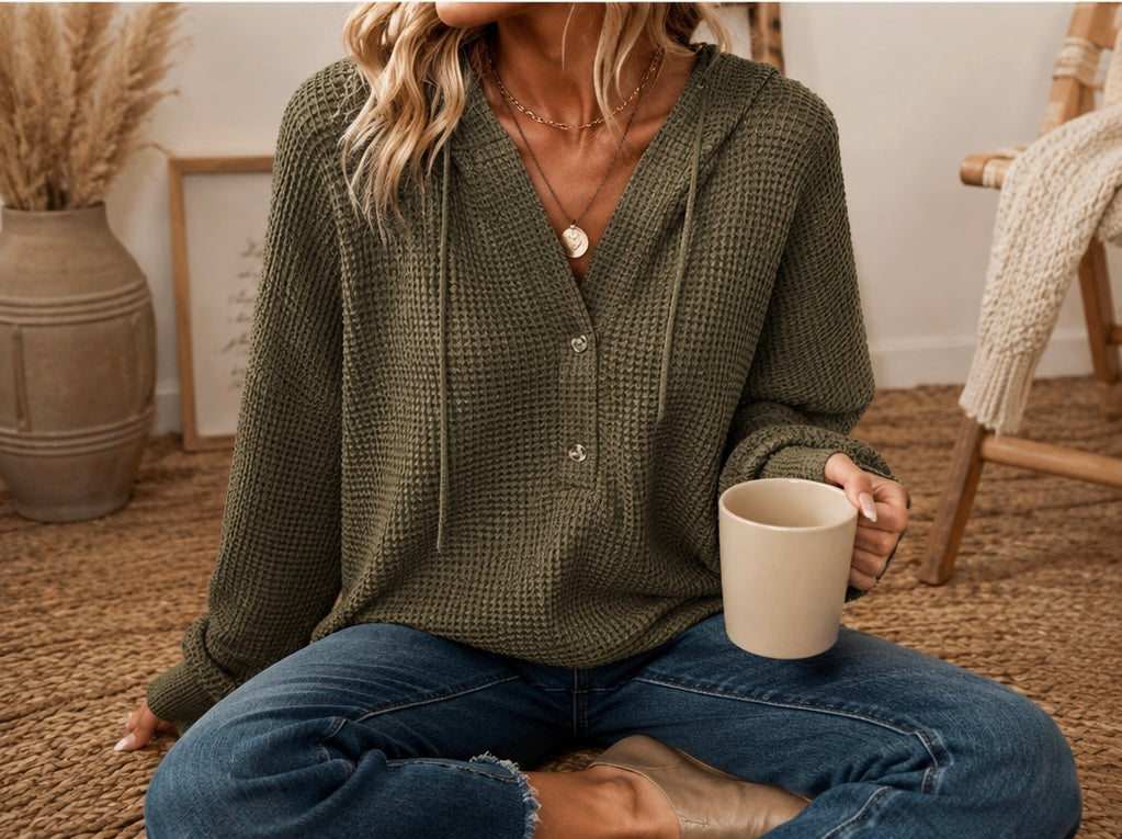 Waffle Drawstring Button V-Neck Hoodie Long Sleeve