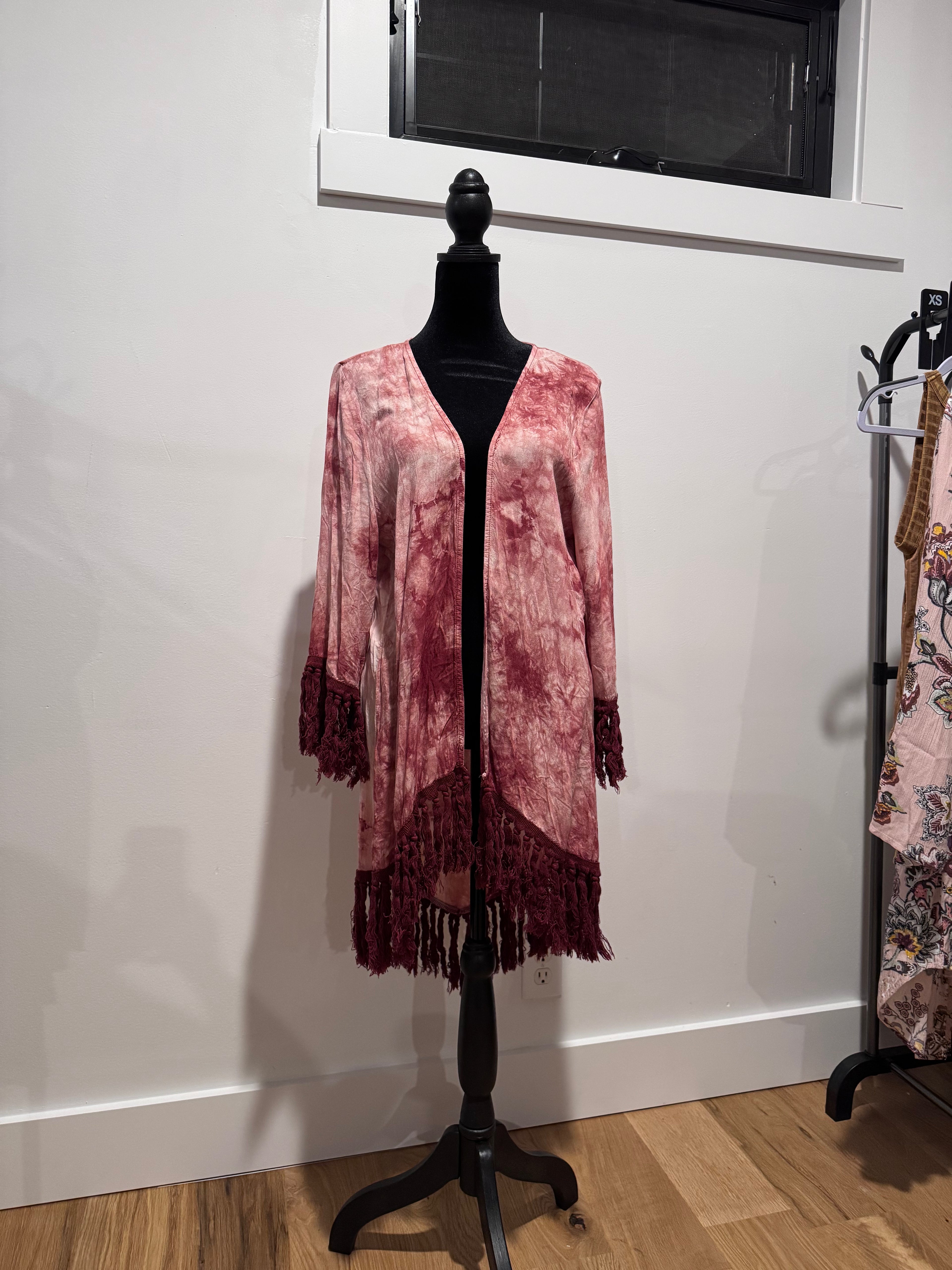 By: Entro - size small pink tie-dye with fringe kimono cardigan