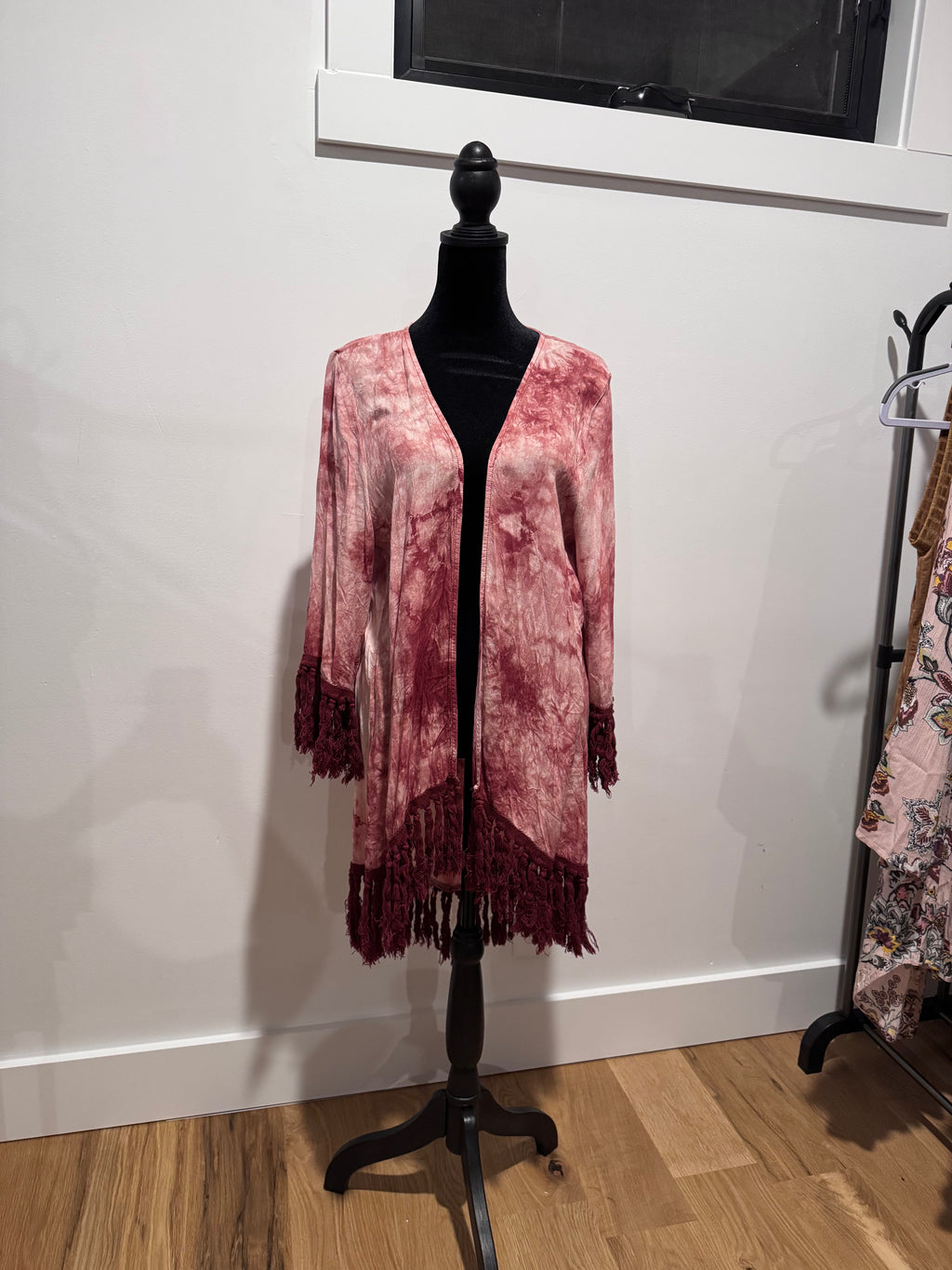 By: Entro - size small pink tie-dye with fringe kimono cardigan