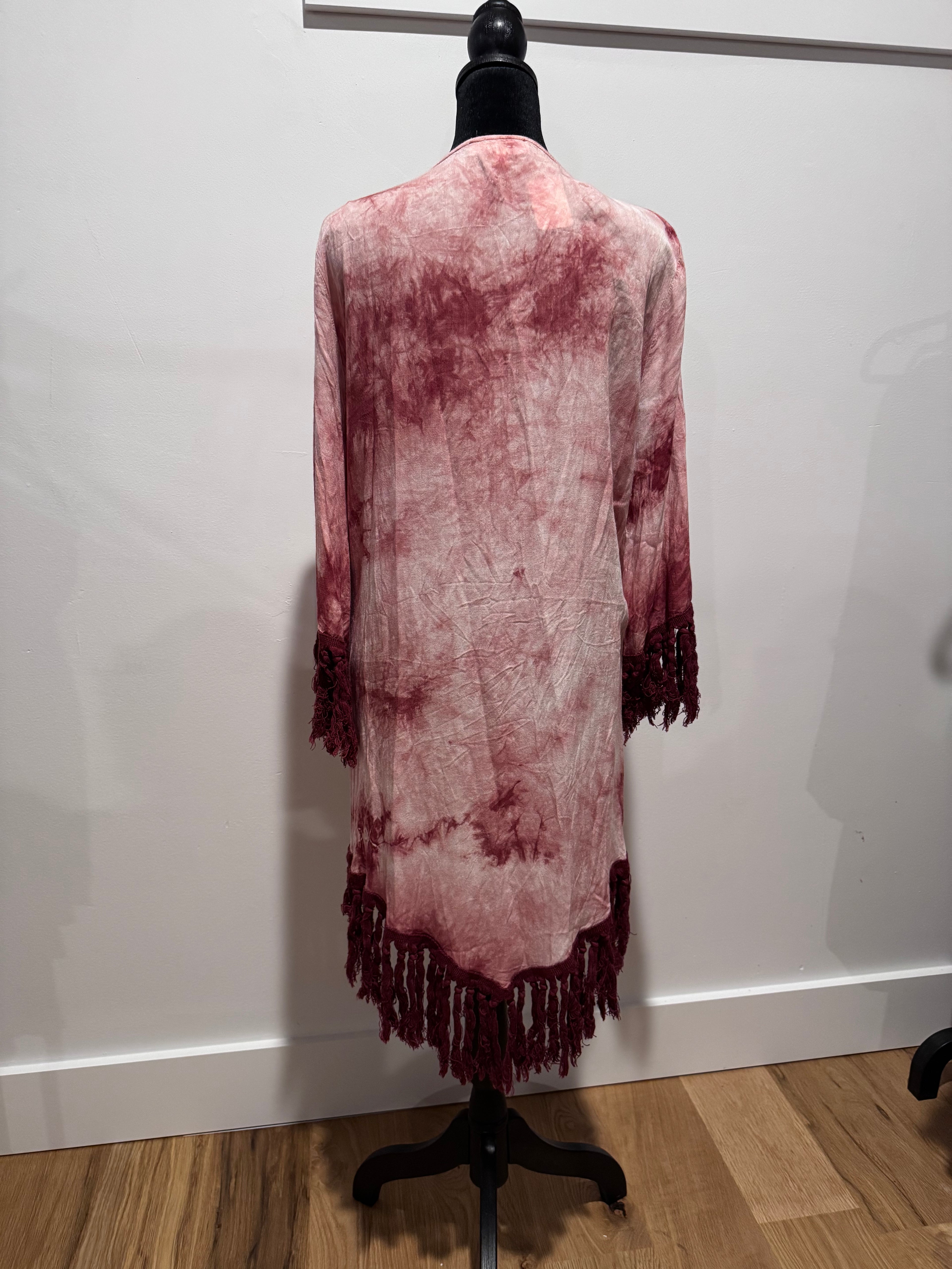 By: Entro - size small pink tie-dye with fringe kimono cardigan