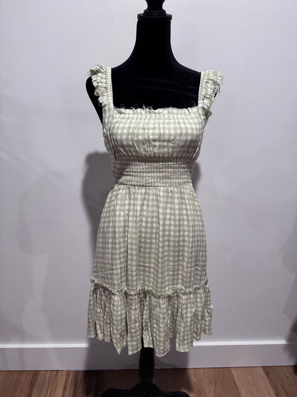 Green checkered dress distressed look, new with tag