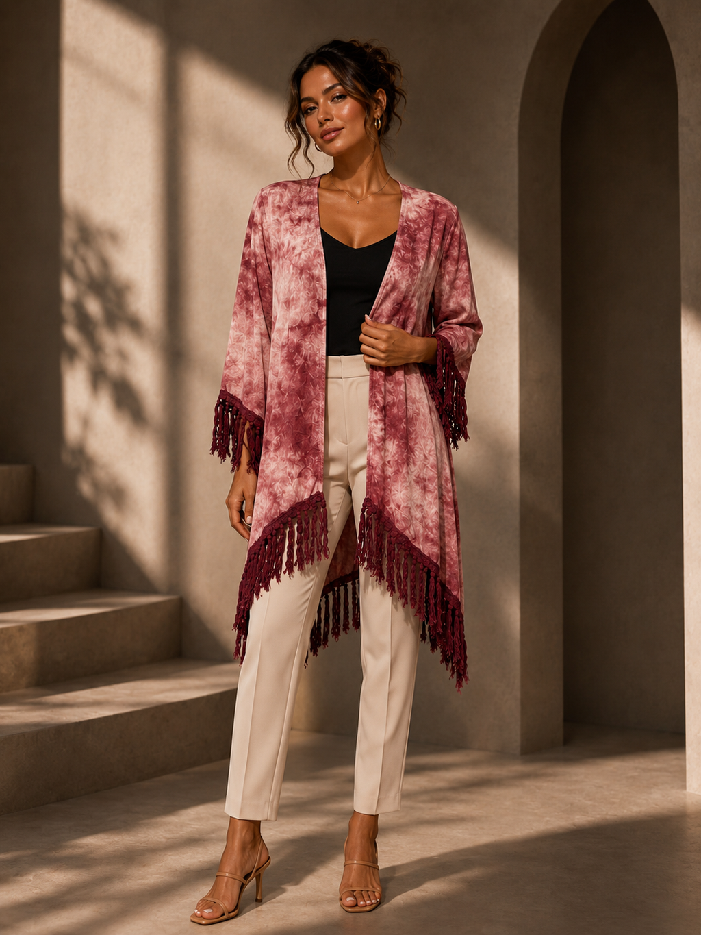 By: Entro - size small pink tie-dye with fringe kimono cardigan
