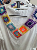 BOHO V-NECK SHORT SLEEVE COLORFUL CROCHET TOP different sizes have variance in crochet colors ￼