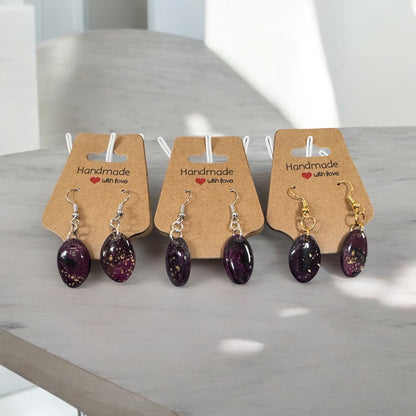 Deep Plum Oval Earrings with Gold Flakes – Handmade