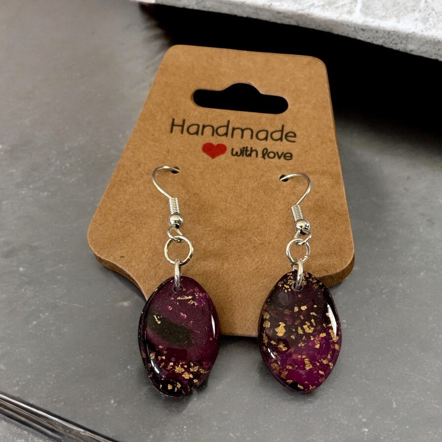 Deep Plum Oval Earrings with Gold Flakes – Handmade