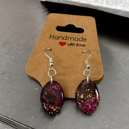 Deep Plum Oval Earrings with Gold Flakes – Handmade