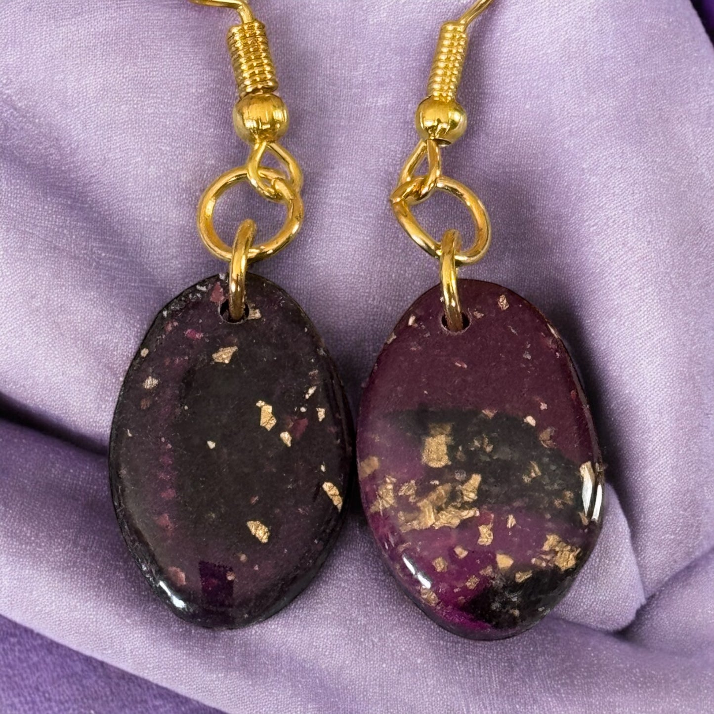 Deep Plum Oval Earrings with Gold Flakes – Handmade