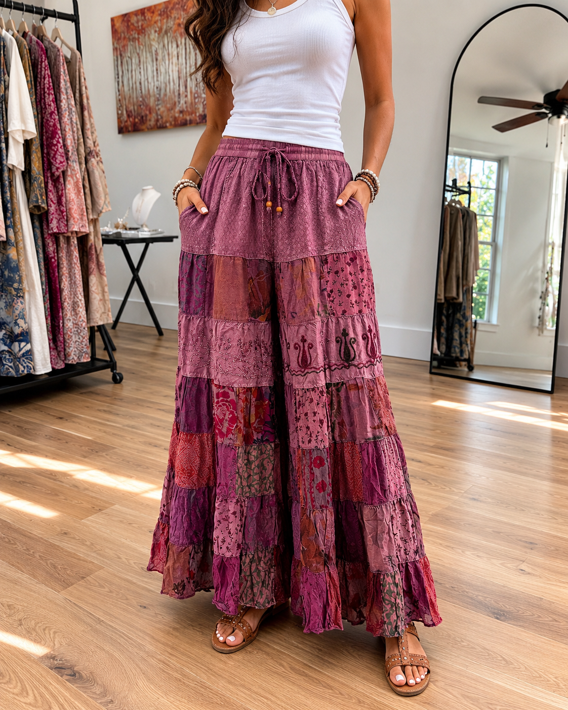 Young Threads - Boho Artisan Tiered Patchwork Wide-Leg Pants