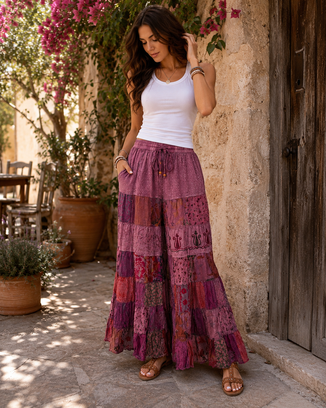 Young Threads - Boho Artisan Tiered Patchwork Wide-Leg Pants