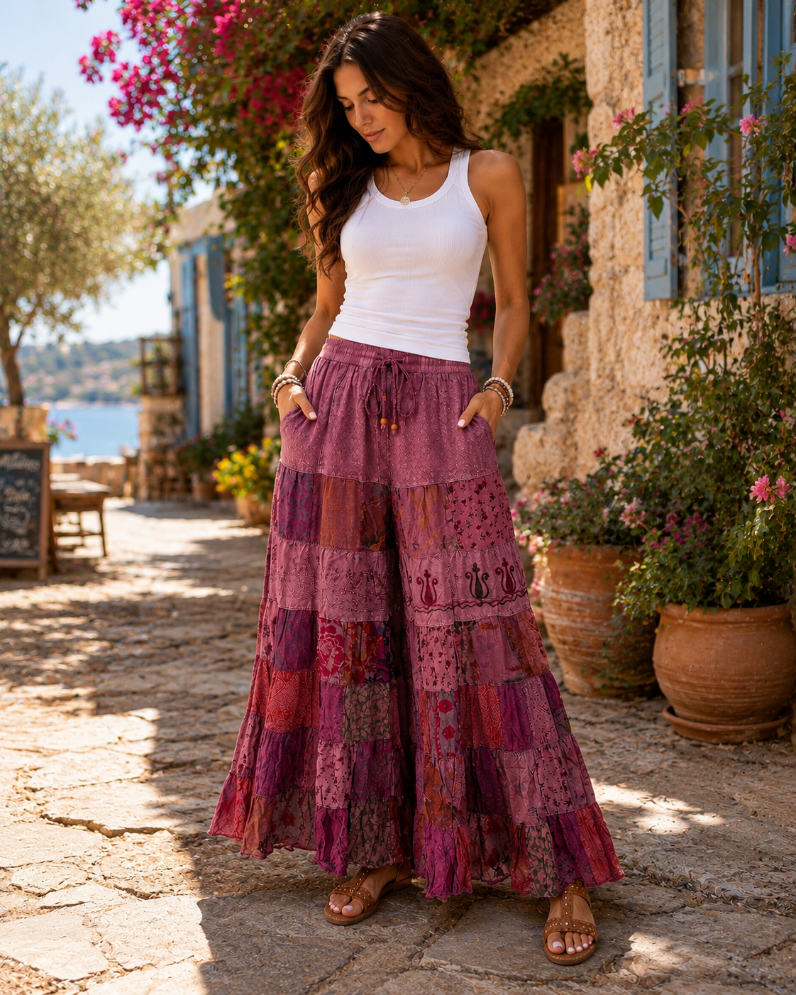 Young Threads - Boho Artisan Tiered Patchwork Wide-Leg Pants