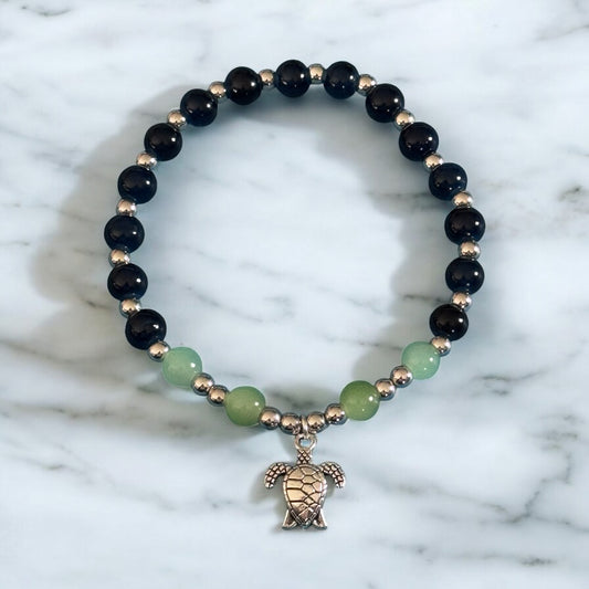 Ocean Harmony Bracelet – Blue & Green Beads with Sea Turtle Charm