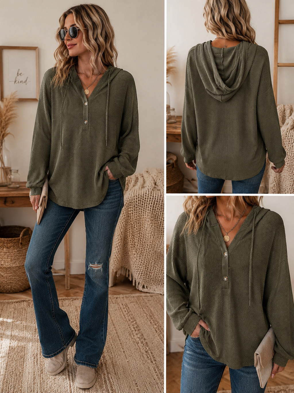 Waffle Drawstring Button V-Neck Hoodie Long Sleeve