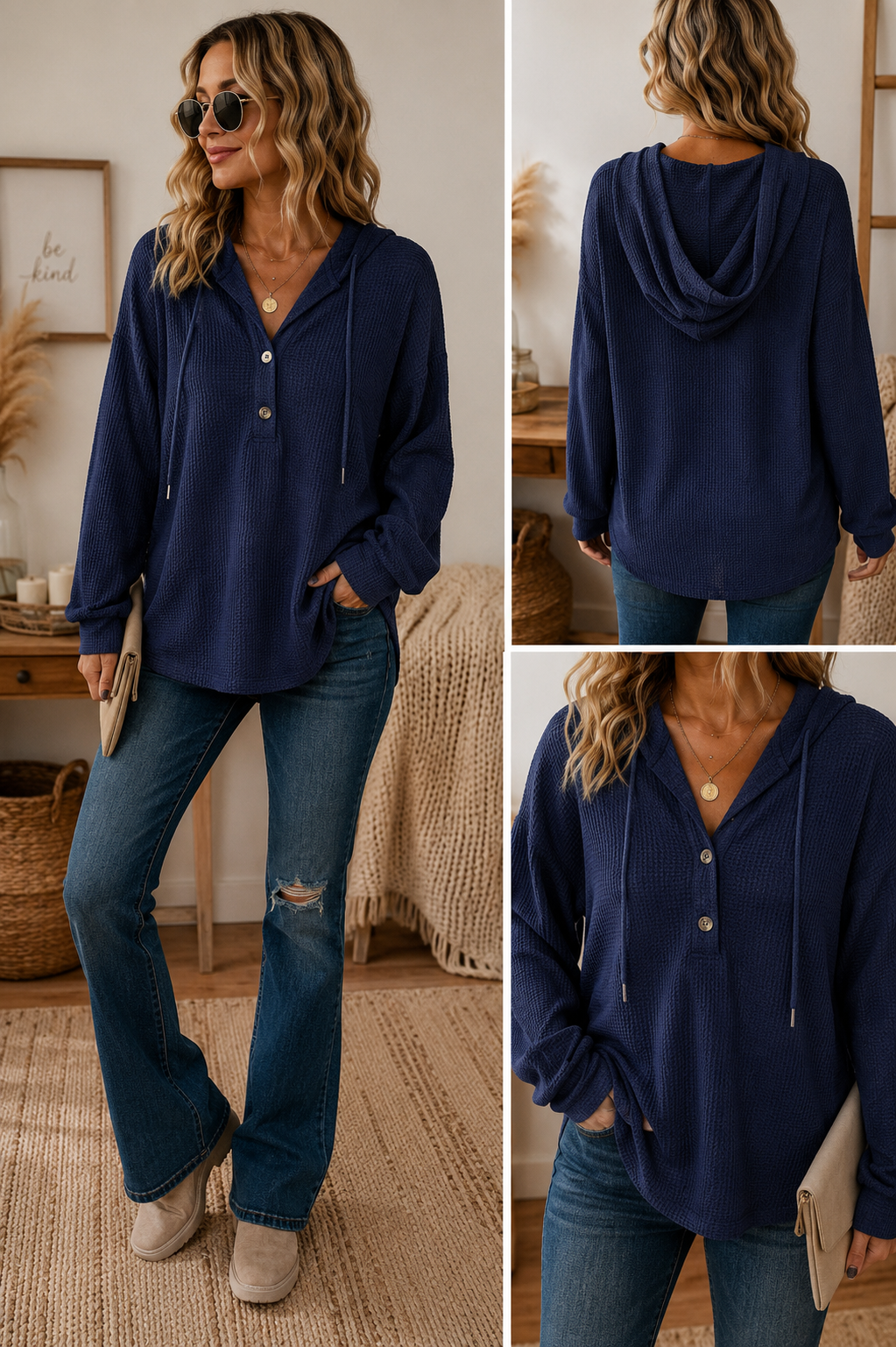 Waffle Drawstring Button V-Neck Hoodie Long Sleeve