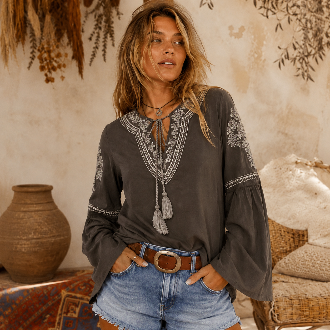 WOMEN'S LONG BELL SLEEVE V-NECK EMBROIDERY DETAILED TUNIC BLOUSE