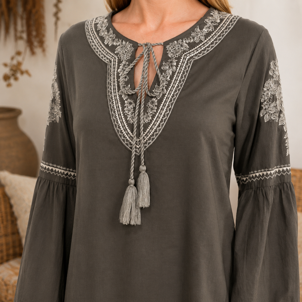 WOMEN'S LONG BELL SLEEVE V-NECK EMBROIDERY DETAILED TUNIC BLOUSE
