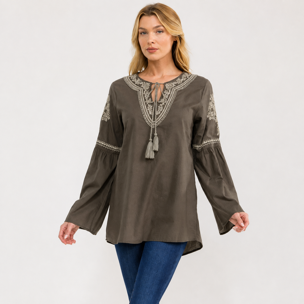 WOMEN'S LONG BELL SLEEVE V-NECK EMBROIDERY DETAILED TUNIC BLOUSE