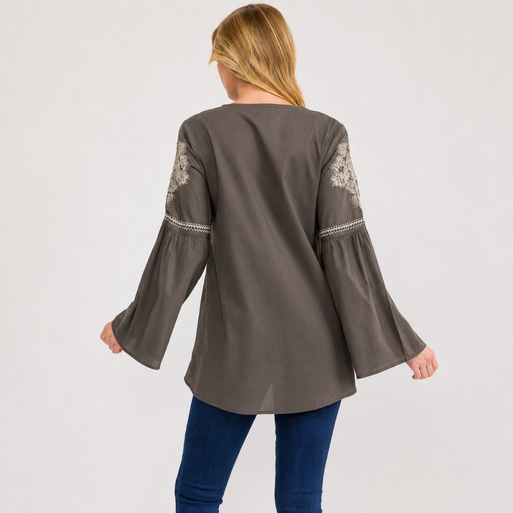 WOMEN'S LONG BELL SLEEVE V-NECK EMBROIDERY DETAILED TUNIC BLOUSE