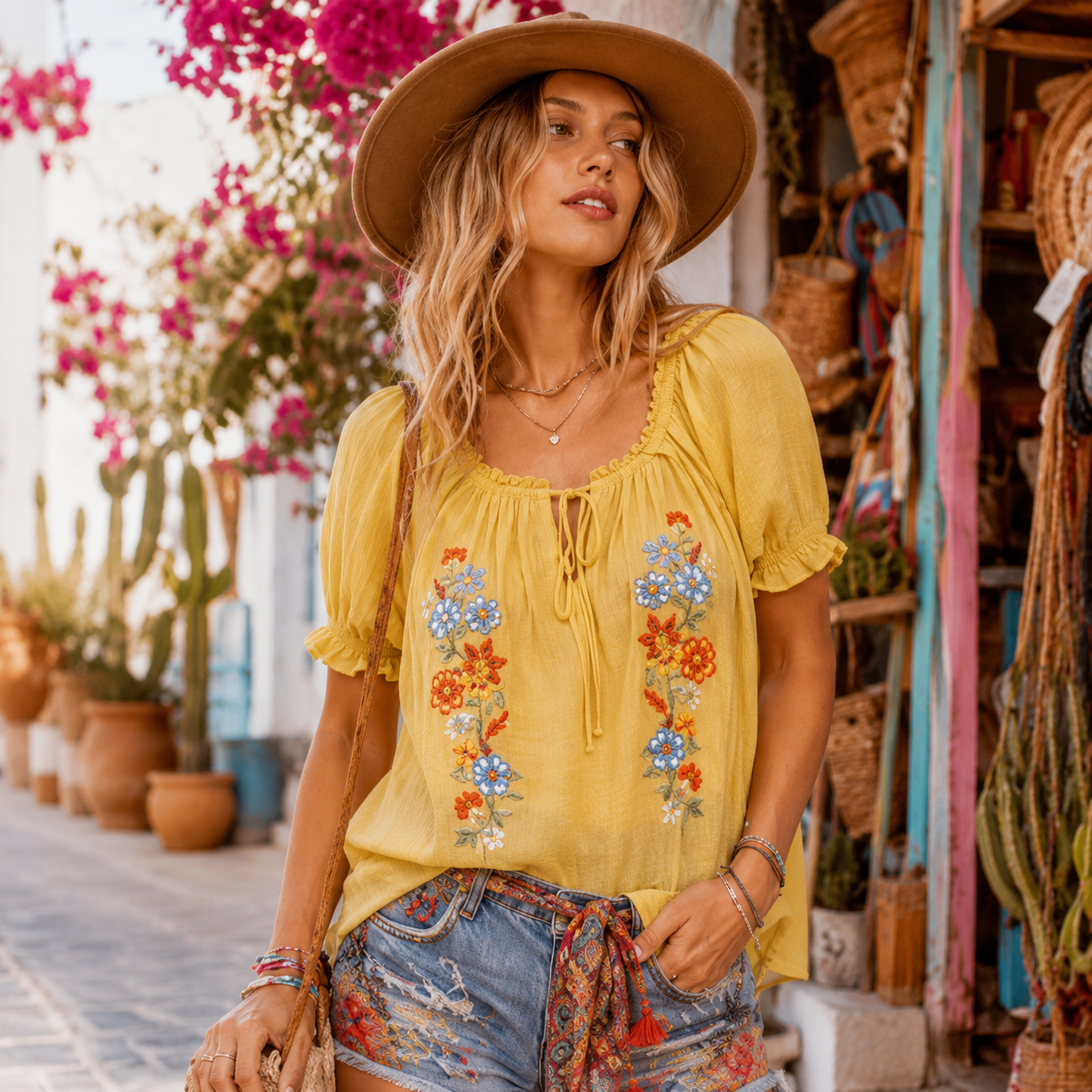 SHORT SLEEVE V-NECK FRONT TIE EMBROIDERY FLORAL BLOUSE