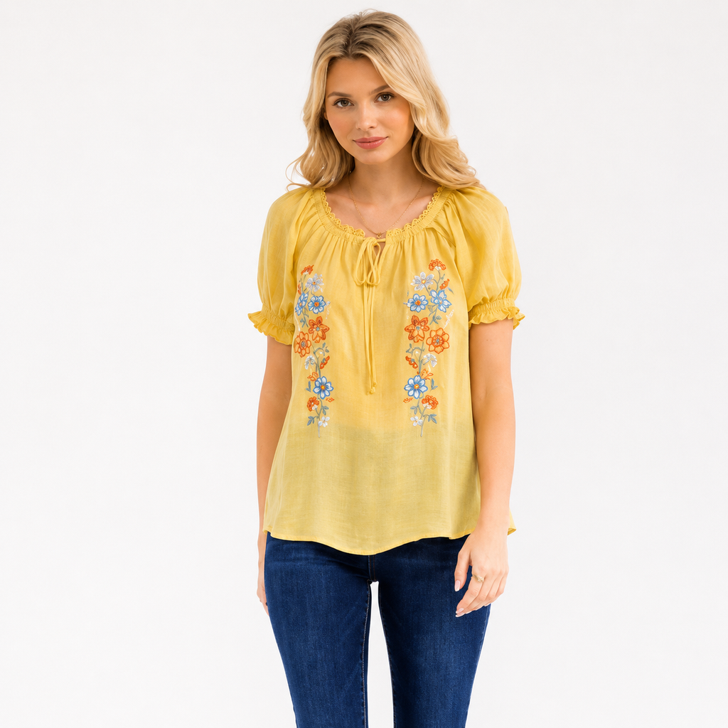 SHORT SLEEVE V-NECK FRONT TIE EMBROIDERY FLORAL BLOUSE