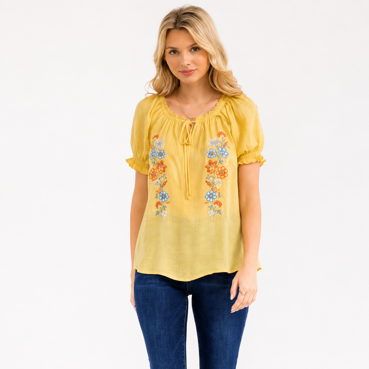 SHORT SLEEVE V-NECK FRONT TIE EMBROIDERY FLORAL BLOUSE