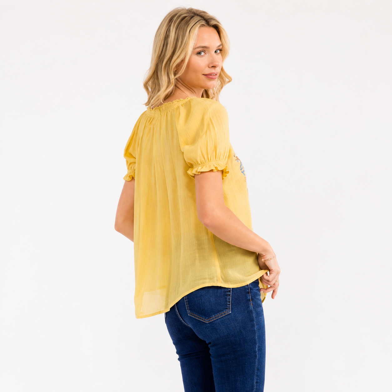SHORT SLEEVE V-NECK FRONT TIE EMBROIDERY FLORAL BLOUSE