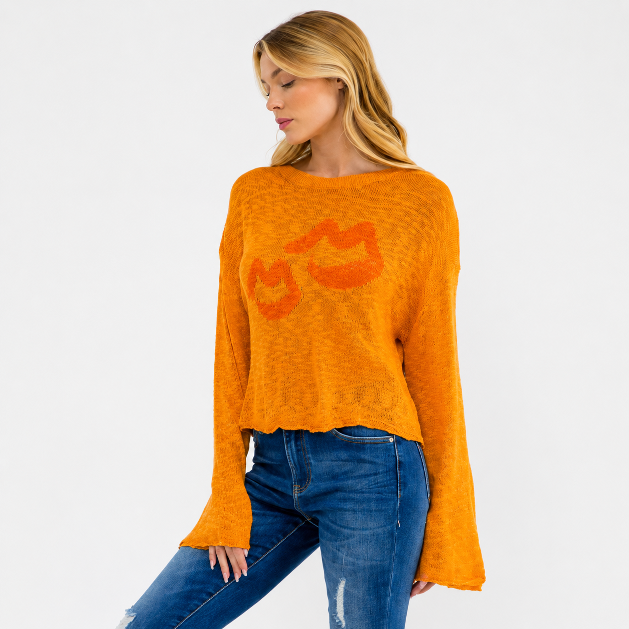 WOMEN'S LONG BELL SLEEVE LIPS PRINT KNIT TOP