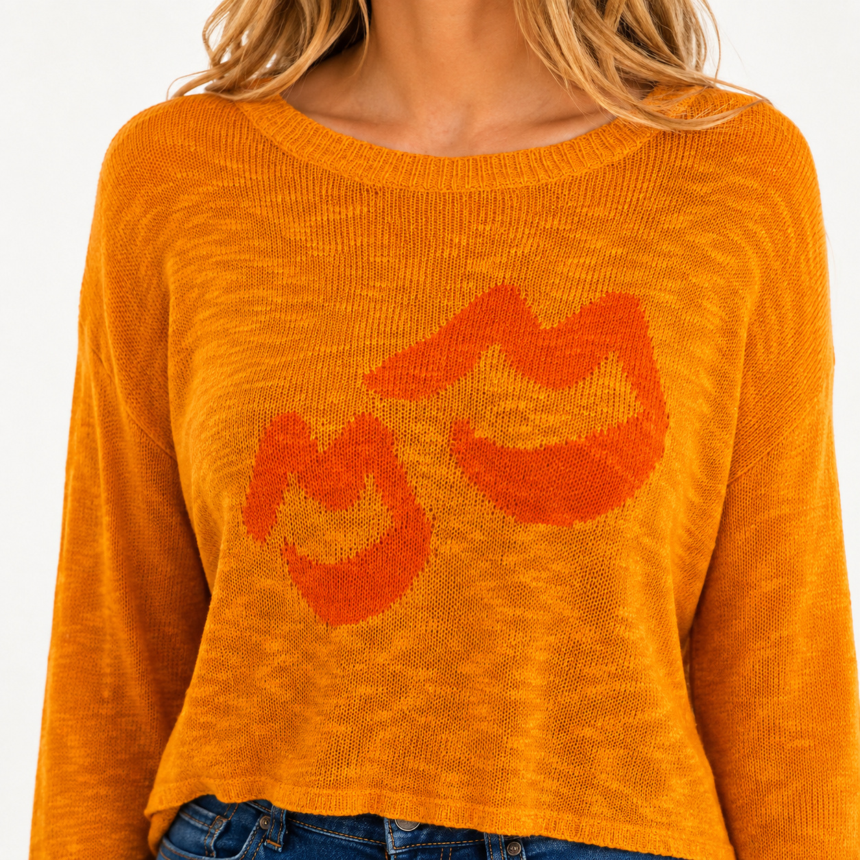 WOMEN'S LONG BELL SLEEVE LIPS PRINT KNIT TOP