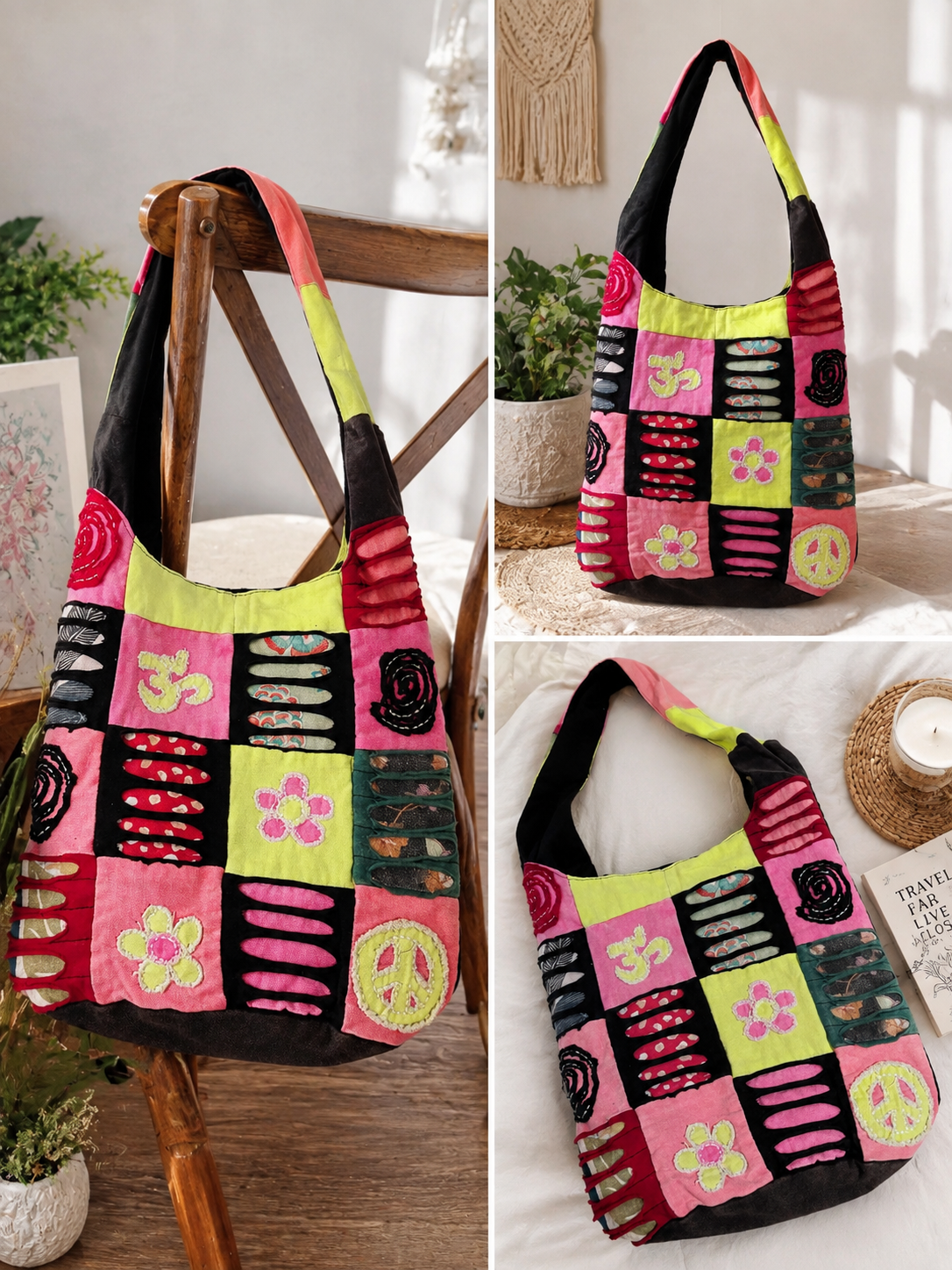 Boho Patchwork Peace & Love Shoulder Bag - Handmade Artisan Tote