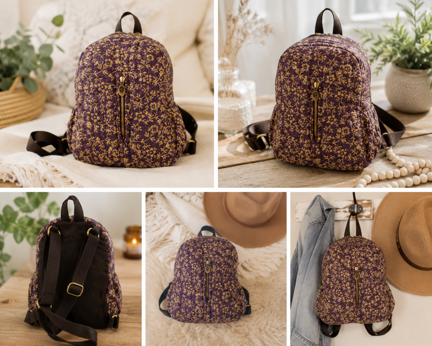 Plum & Gold Floral Quilted Mini Backpack