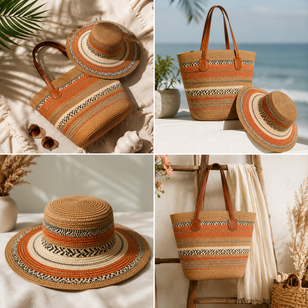 Boho Woven Sun Hat & Matching Tote Bag Set