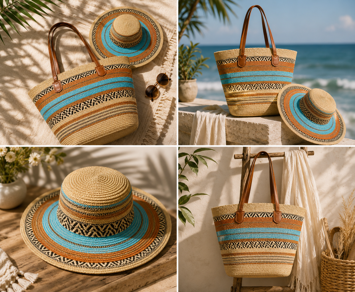 Boho Woven Sun Hat & Matching Tote Bag Set