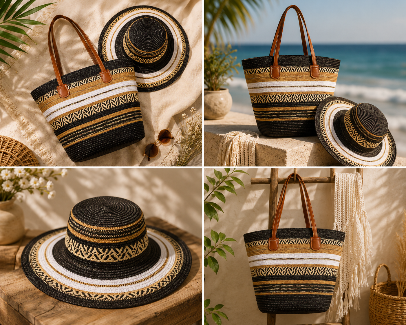 Boho Woven Sun Hat & Matching Tote Bag Set