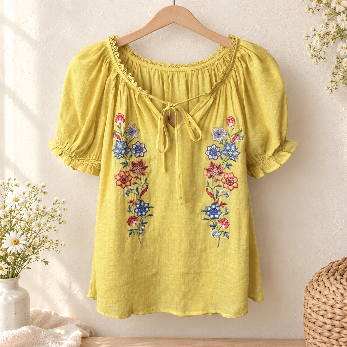 SHORT SLEEVE V-NECK FRONT TIE EMBROIDERY FLORAL BLOUSE