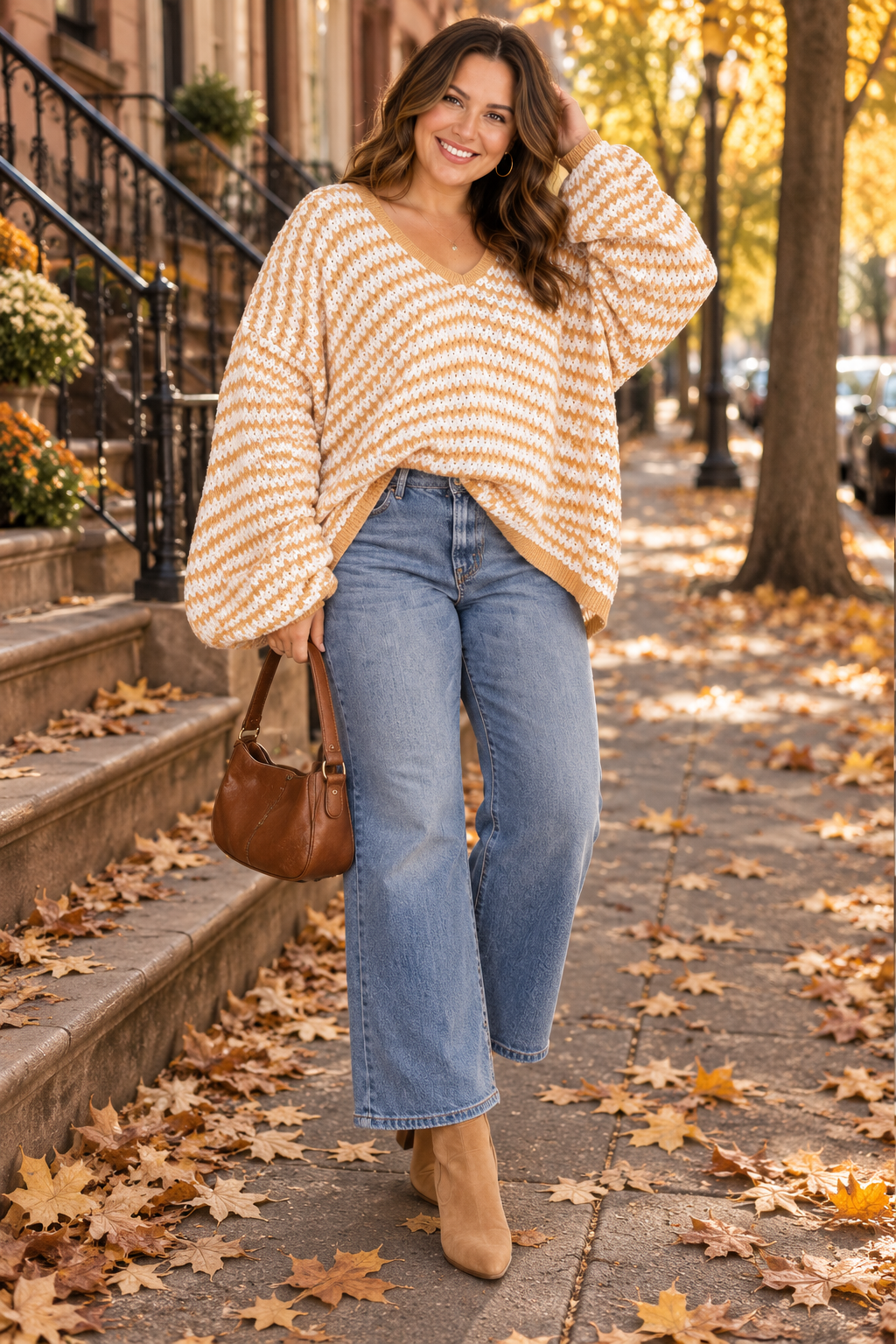 WOMEN'S LONG SLEEVE V-NECK OVERSIZED PULLOVER SWEATER. Color-mustard