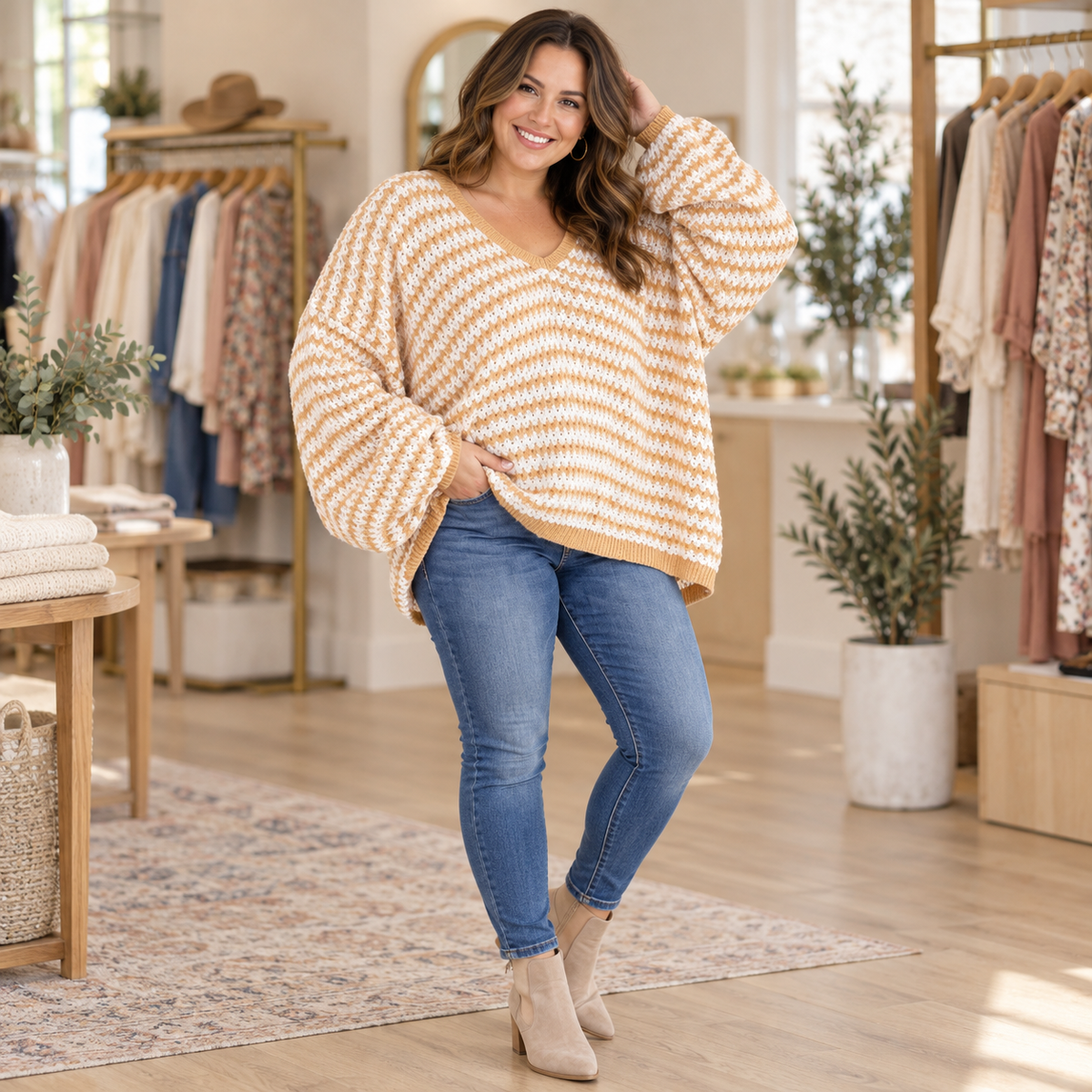 WOMEN'S LONG SLEEVE V-NECK OVERSIZED PULLOVER SWEATER. Color-mustard