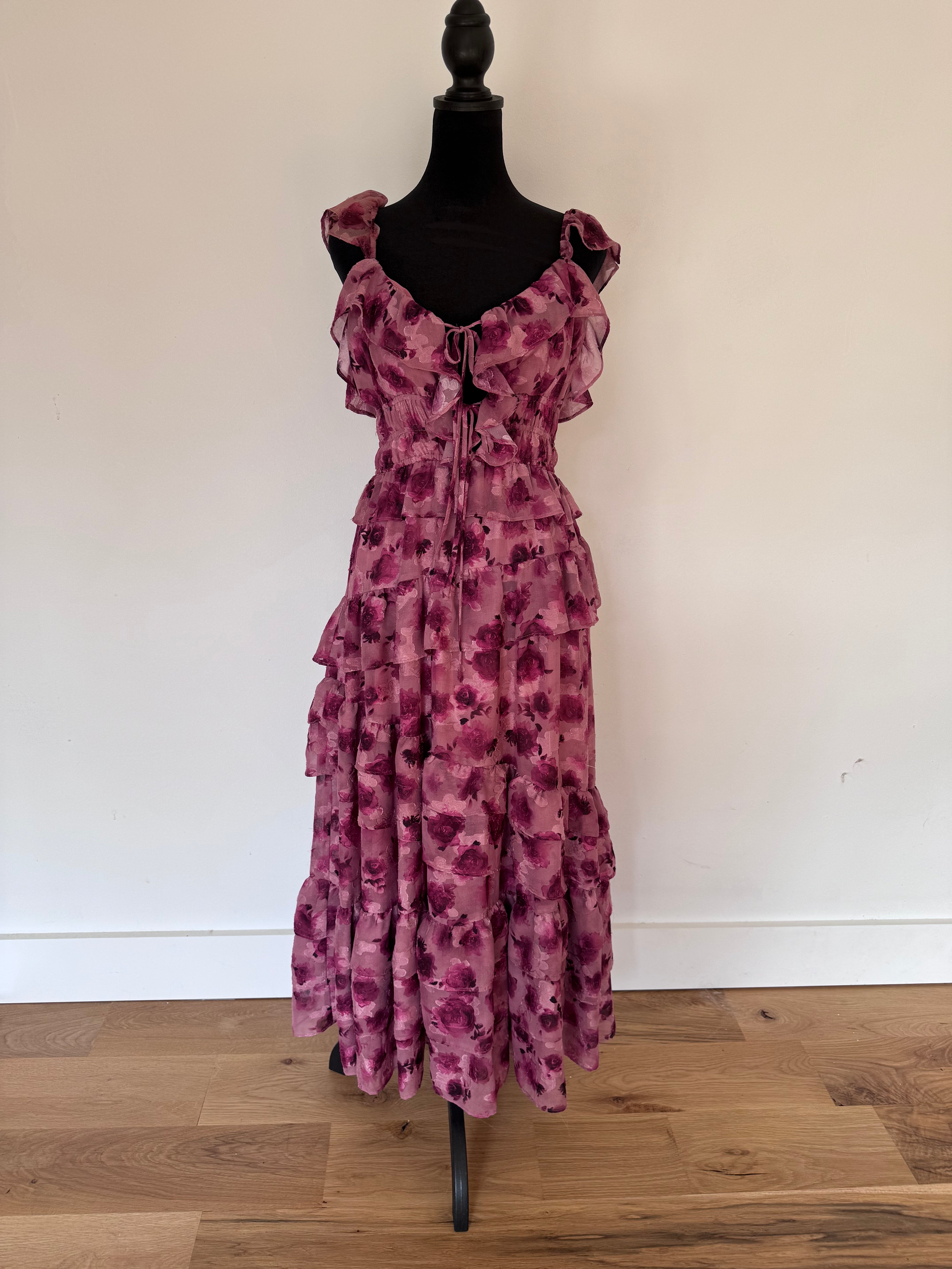 STORIA Romantic Floral Ruffle Maxi Dress – Pink & Burgundy