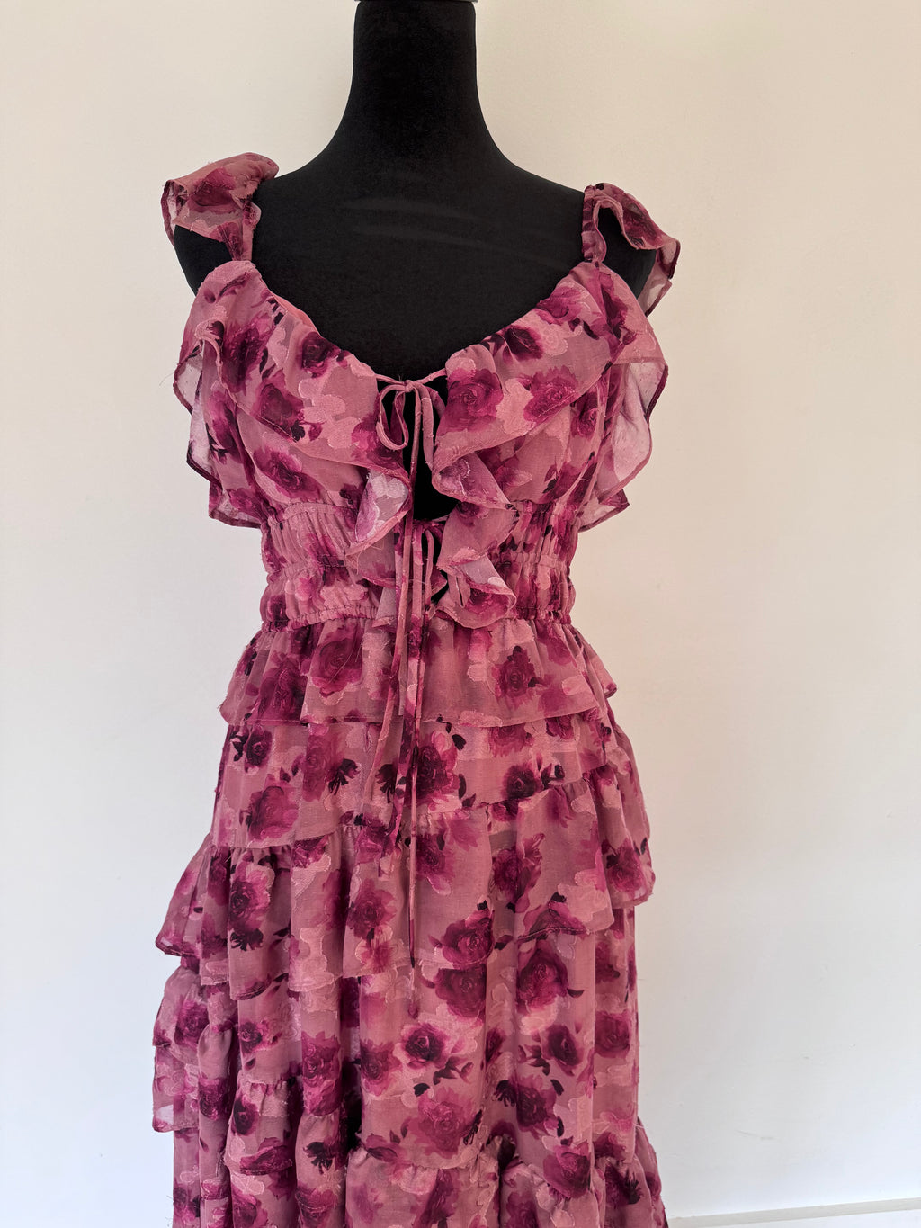 STORIA Romantic Floral Ruffle Maxi Dress – Pink & Burgundy