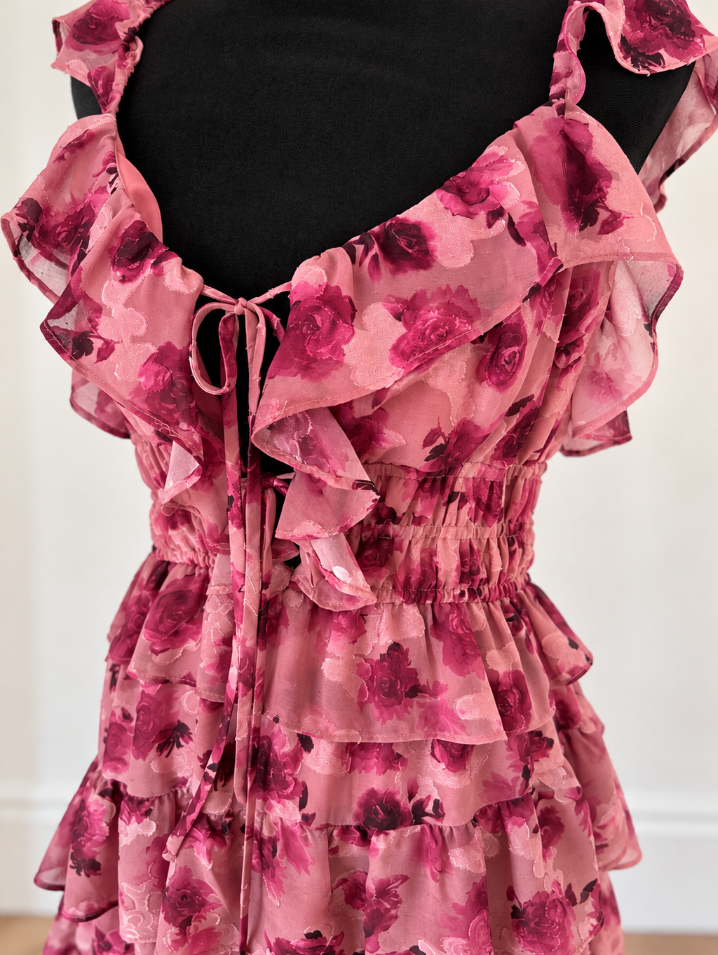 STORIA Romantic Floral Ruffle Maxi Dress – Pink & Burgundy
