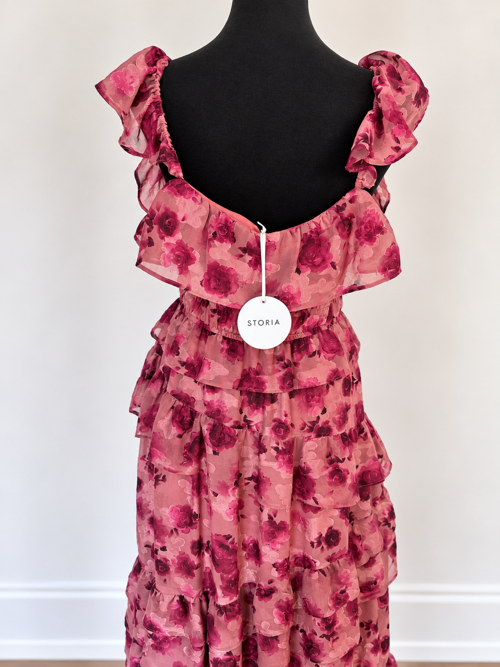 STORIA Romantic Floral Ruffle Maxi Dress – Pink & Burgundy