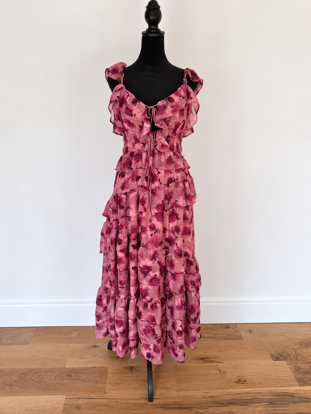 STORIA Romantic Floral Ruffle Maxi Dress – Pink & Burgundy